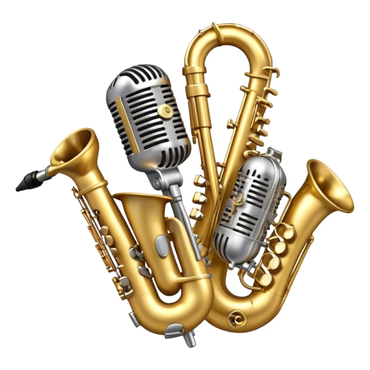 Create an artistic and dynamic emoji representing jazz vocal performance, featuring a vintage microphone as the central focus. Surround the microphone with traditional jazz instruments, such as a saxophone, trumpet, and upright bass, arranged in a harmonious, flowing design. Add musical notes and sound waves emanating from the microphone to symbolize the improvisational and expressive nature of jazz vocals. The instruments should have a polished, classic appearance with metallic gold and silver accents. Use rich colors like deep black, gold, and burgundy to evoke the sophisticated and soulful atmosphere of a jazz club. The background should be transparent. sticker