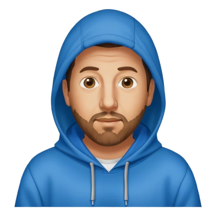 Adam Sandler with a beard in a blue hoodie with the hood on sticker