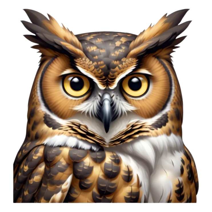 Cinematic Deep Thought Great Horned Owl Portrait Emoji, Head held high with a calm, reflective gaze, showcasing a beautifully mottled plumage and piercing golden eyes that seem to ponder the mysteries of the night, Simplified yet majestically refined features, highly detailed, glowing with a soft, contemplative light, high shine, poised and thoughtful, stylized with an air of profound introspection, capturing the essence of an owl deeply engaged in thought, so thoughtful it feels like it could silently share timeless secrets from beyond the screen! sticker