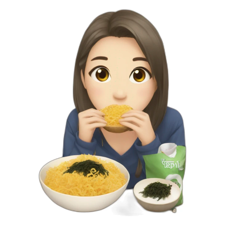 Girl watching television about kpop while eating toasted seaweed sticker
