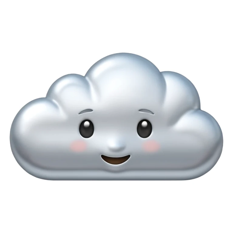 A cute cloud emoji made of silver chrome, smooth rounded shape, glossy metallic surface, soft reflections, minimal and friendly design, iOS emoji style, centered, clean white background, soft lighting sticker