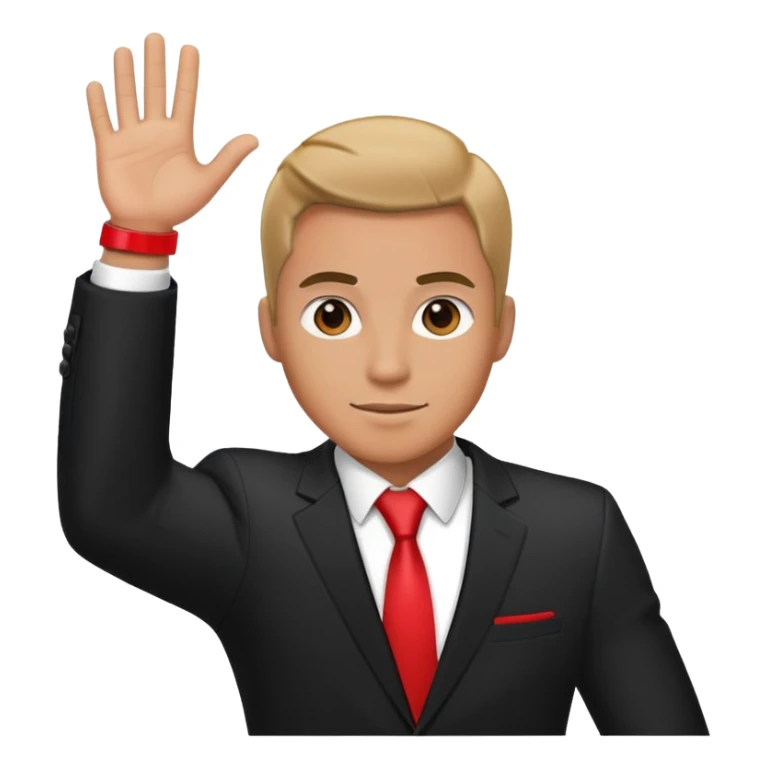 Man with black suit one hand up and a red cuff sticker