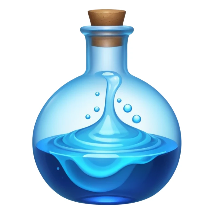 a neon blue potion tiled to the left with a round glass bottle no handle sticker
