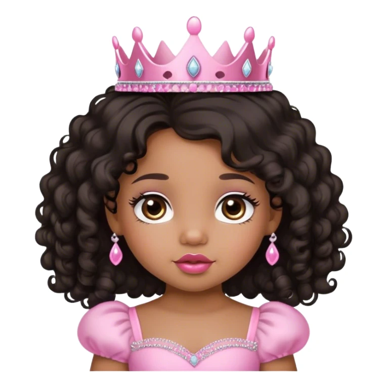 princess, medium brown skin tone, very adorable toddler, with big plump lips, long long lashes, black curly long hair, brown eyes, pink tiara sticker