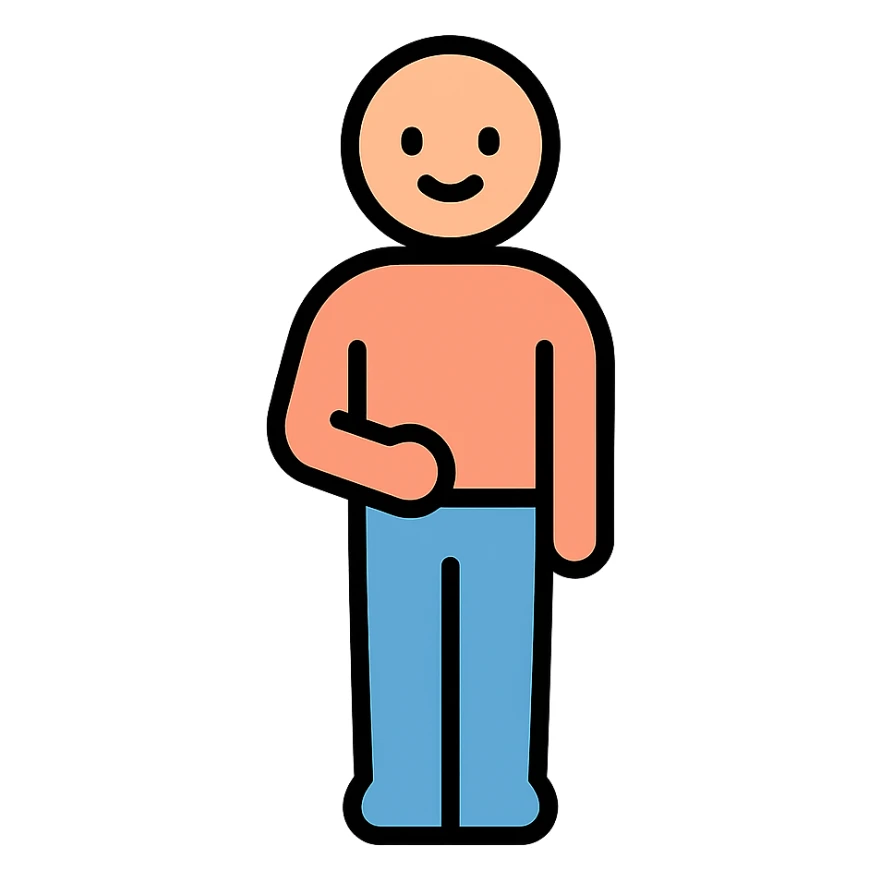 minimal gender-neutral human figure with rounded head and torso, standing upright, one hand gently on lower abdomen, soft pastel colors, friendly expression, clean vector look, no visible muscles, no background sticker
