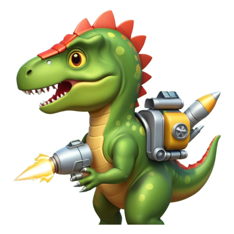 rocket-propelled dinosaur portrait, head and shoulders only, cute T-rex face, rocket pack visible behind shoulders, glowing thrusters, 3D cartoon, mobile game icon style, clean background, no text, no watermark sticker