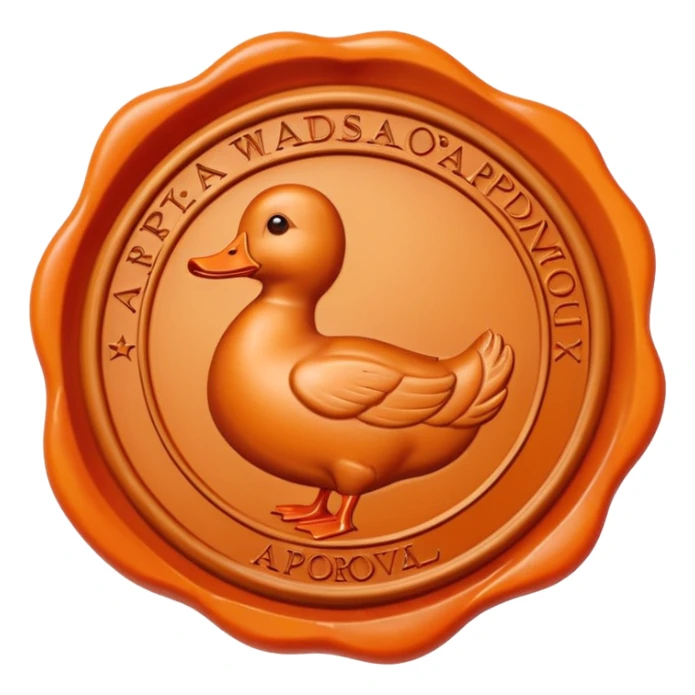 Wax Seal with orange duck that says approval sticker