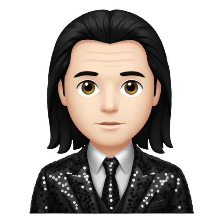 Charles Lee Ray with long black hair, dark suit sequin suit  sticker