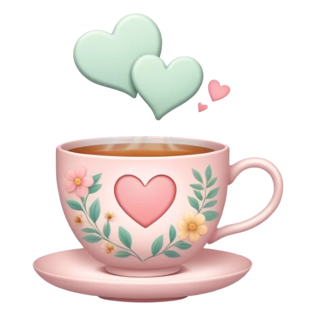 Cute Kawaii Tea Cup, steaming with warmth, soft pastel tones, delicate floral patterns, a tiny heart-shaped tea bag tag, cozy and inviting! sticker