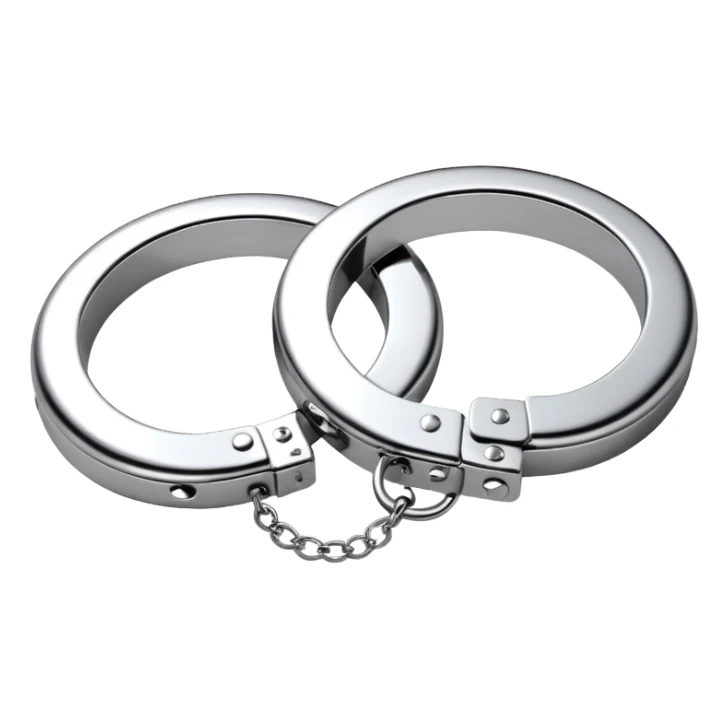 A pair of elegant handcuffs emoji made of silver chrome, smooth rounded design, glossy metallic reflections, luxury fetish aesthetic, minimal iOS emoji style, centered, clean white background sticker