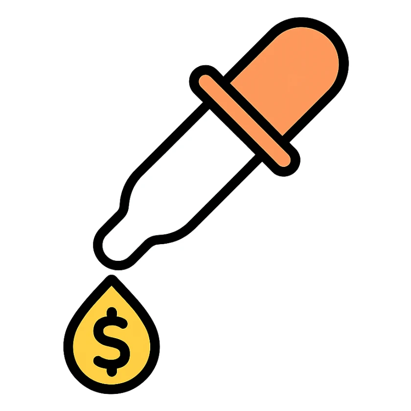 colored icon of a pipette with a golden drop, dollar sign inside the drop sticker