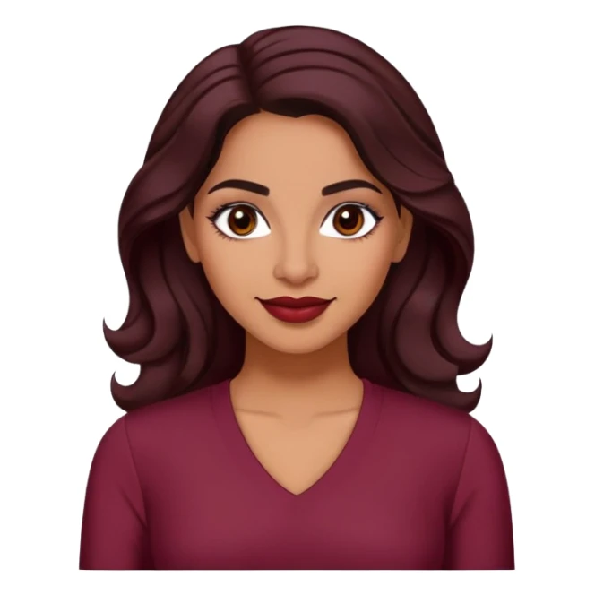 Puerto Rican actress Lynette Torres, woman with warm brown skin, attractive elegant features, expressive dark eyes, well-defined eyebrows, straight nose, friendly smile, long dark wavy hair, wearing a fashionable burgundy top sticker