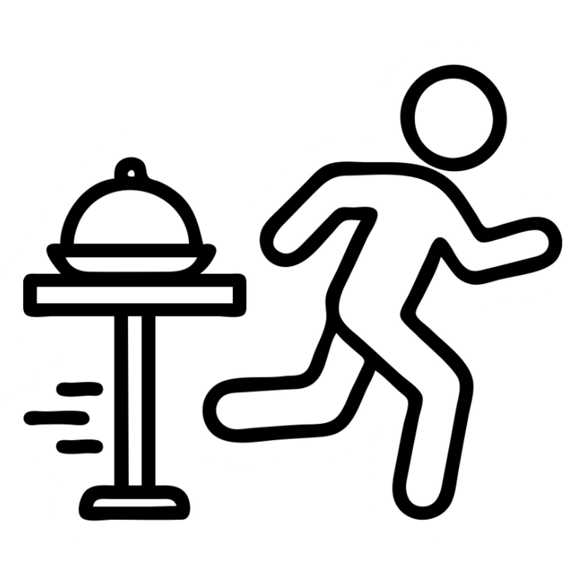 dine and dash, icon style, a figure quickly leaving a table with food, motion lines, minimalist sticker