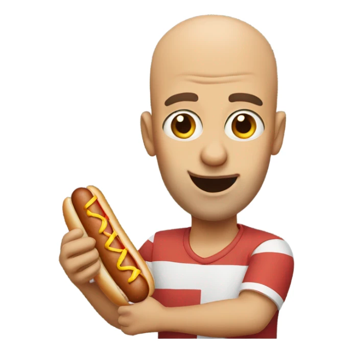 Bald guy with big eyes eating a hot dog sticker
