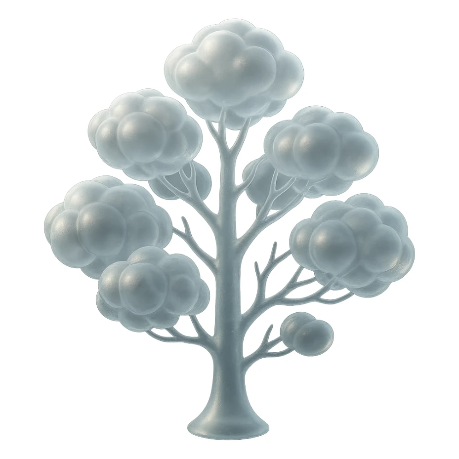 one tree with many branches and a white trunk, crown made of small very bright white fluffy convex clouds, matte glass style sticker