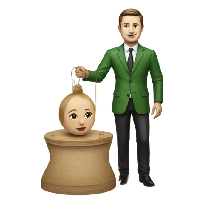 Hyper realistic Zelensky pulls the strings of a wooden doll sticker