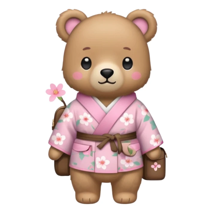 A cute light-brown bear wearing a pastel pink sakura-patterned kimono, normal balanced body ratio.  
Wearing a small backpack on the back, one paw holding the strap, ready to go outside.  
Kawaii emoji style, minimalistic clean sticker illustration, white background. sticker