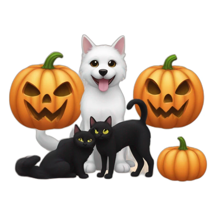 Completely Black cat next to two white dogs next to Halloween pumpkin sticker