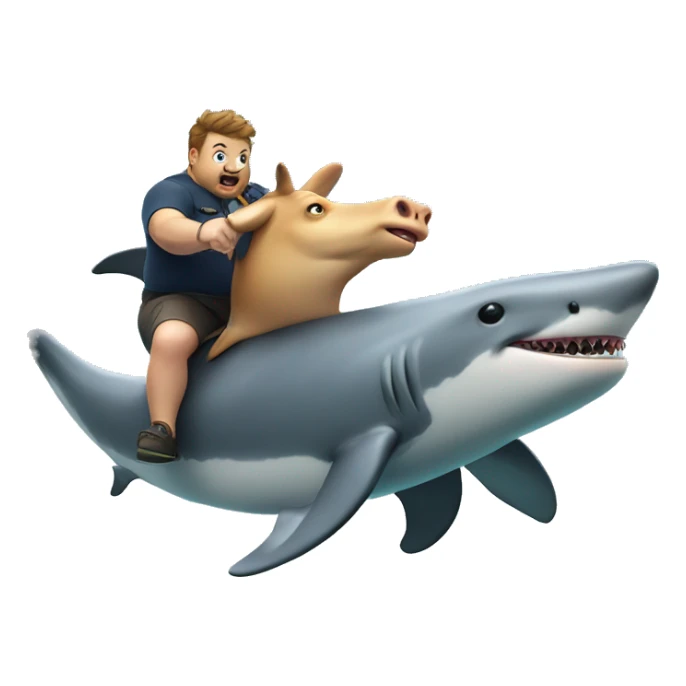 a massively fat cow riding a dolphin running from a shark sticker