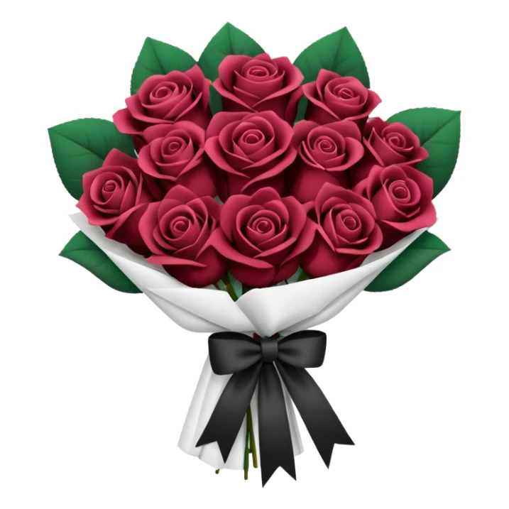 Maroon rose bouquet wrapped in white paper and black bow sticker