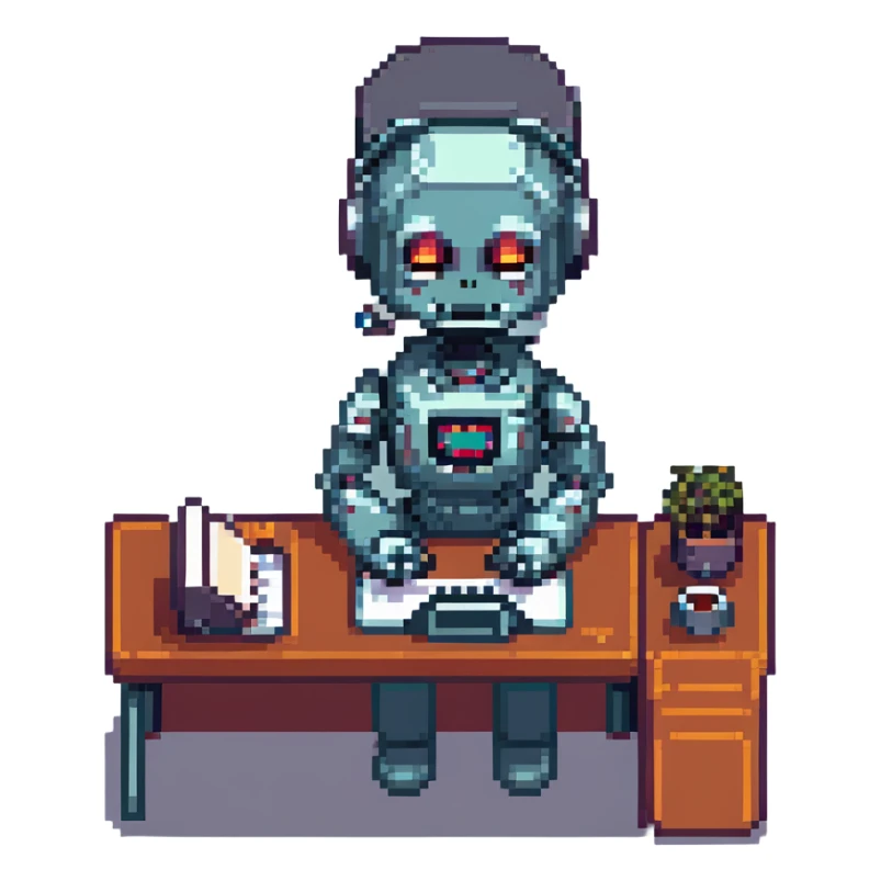 cute recruiter robot at a desk, headset on, typing on a laptop, 8-bit pixel art style sticker
