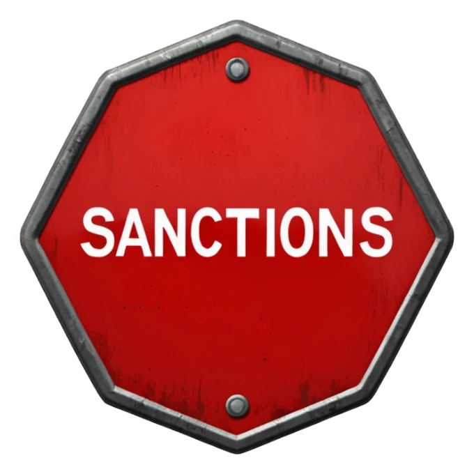 red, road sign, hexagonal, with the inscription SANCTIONS sticker