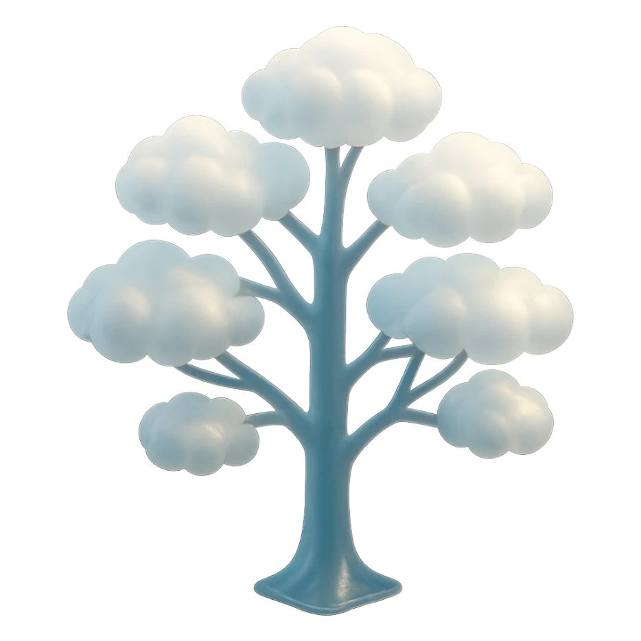 one tree with many branches and a white trunk, crown made of small very bright white fluffy convex clouds, matte glass style sticker