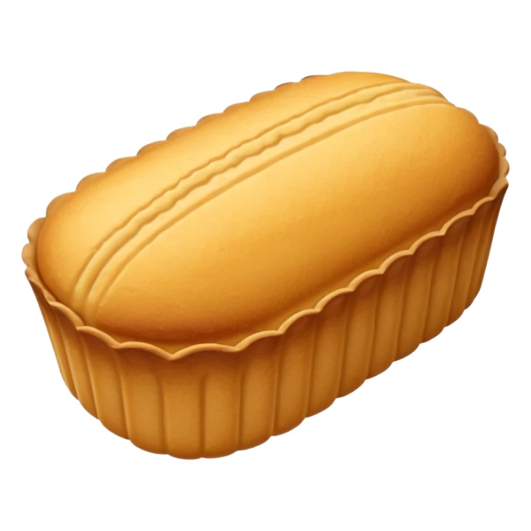 A madeleine pastry. Oval shaped with four to five vertical lines going in the same direction. Scalloped seashell shape. Light golden brown. Scalloped edge. Cookie. Flat. sticker