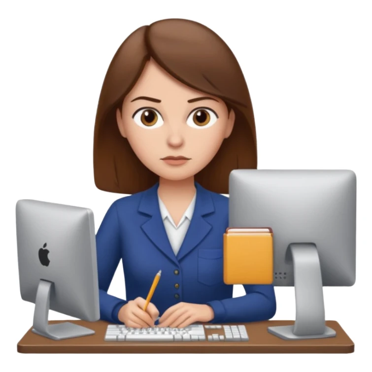 Uma mulher de cabelo castanho que é professora e um pouco brava a trabalhar no computador sem usar óculos sticker