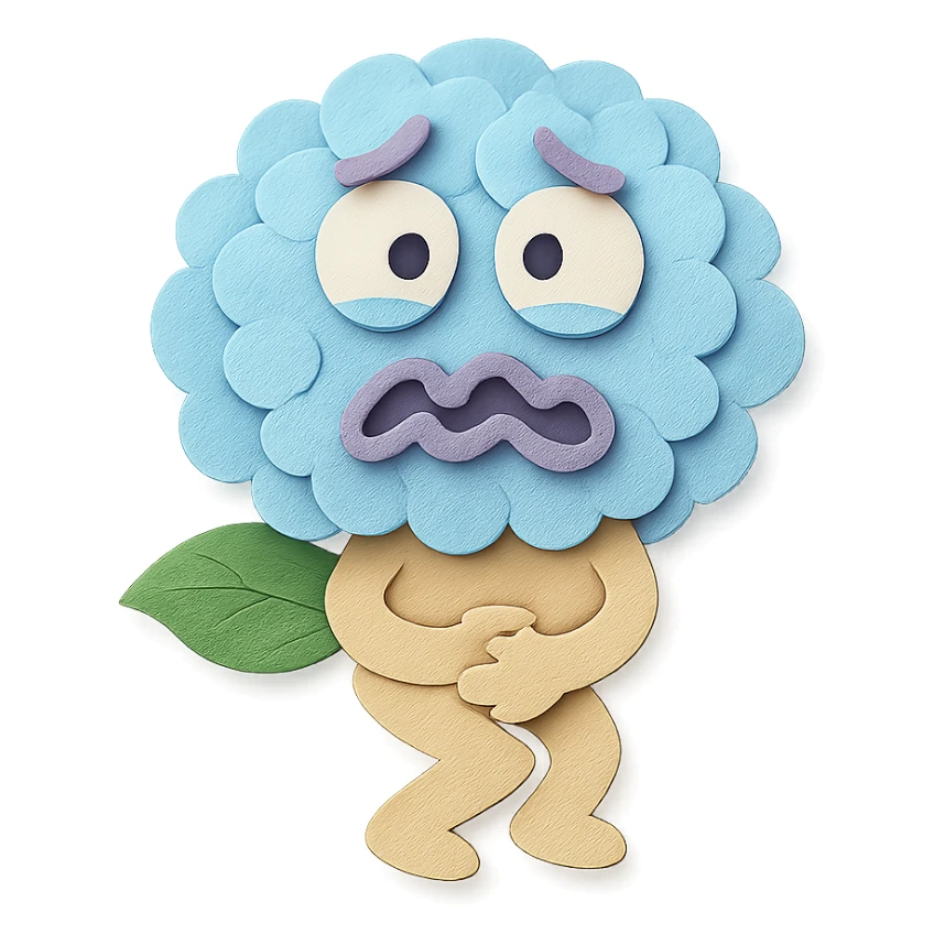 sky blue hydrangea flower with a twisted face and bulging eyes, holding its belly in a desperate toilet run, soft pastel shades, paper craft style sticker