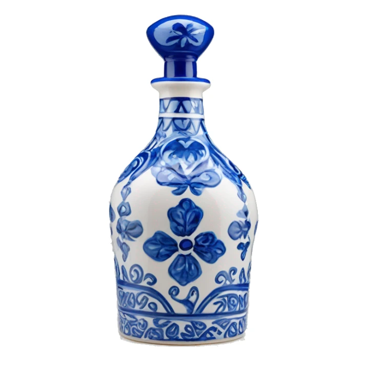 The Clase Azul Tequila bottle has a tall, hourglass-shaped ceramic body, hand-painted in white with cobalt blue floral designs. It’s topped with a distinctive gray, bell-shaped stopper that adds a final elegant touch. sticker