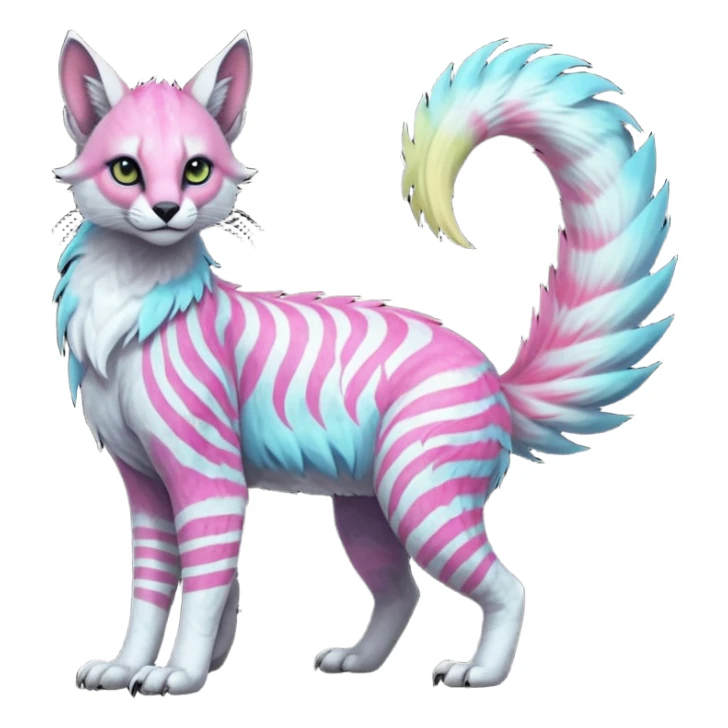 Colorful dark tropical feathery tribal pale light fruity pastel white glorious iridescent divine exotic cute albino neon vibrant spooky evil zigzagged cool beautiful beautiful fantasy-caracal-civet-genet-sergal-vernid-Gryphon-Cacomistle-Trico-oncilla-animal-Fakémon-hybrid-fursona (full body) sticker