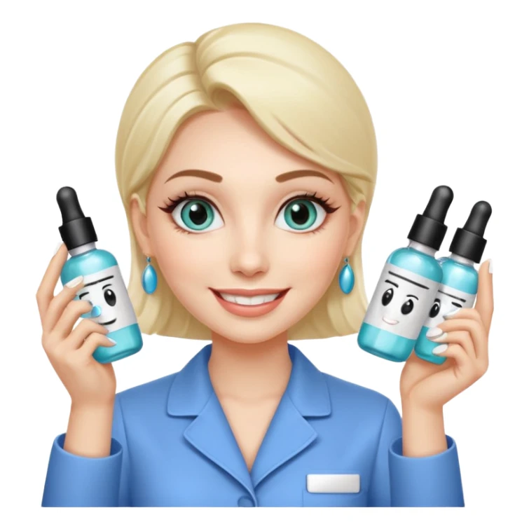A smiling beautician with cold fake smile, calculating eyes, pointing at your cheek while holding 5 expensive serum bottle. predatory vibe.A face with a fake sweet smile, but the face is slowly consumed by shadows creeping from below. Only the cold, calculating eyes are visible in the dark sticker