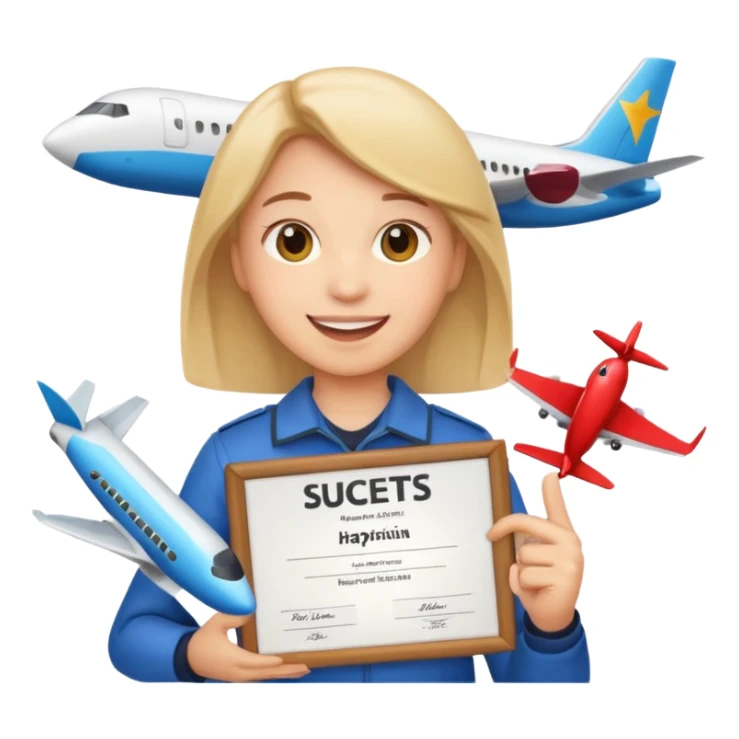 emoji student happy holding certificate IELTS 7.0, success, airplane, white background sticker
