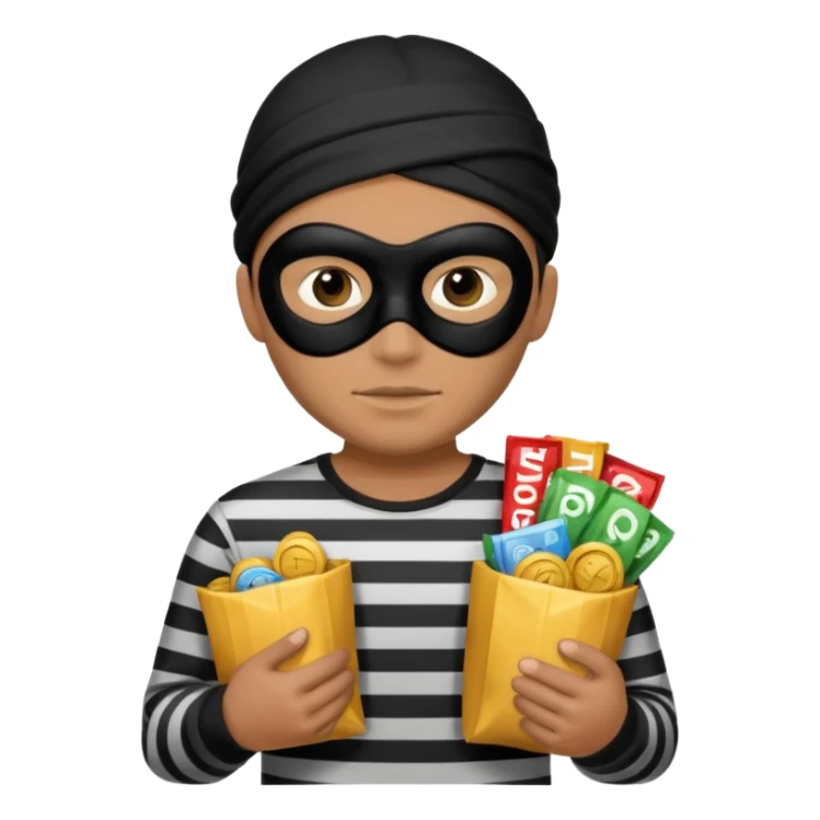 robber emoji with black mask and striped shirt, holding loot sticker