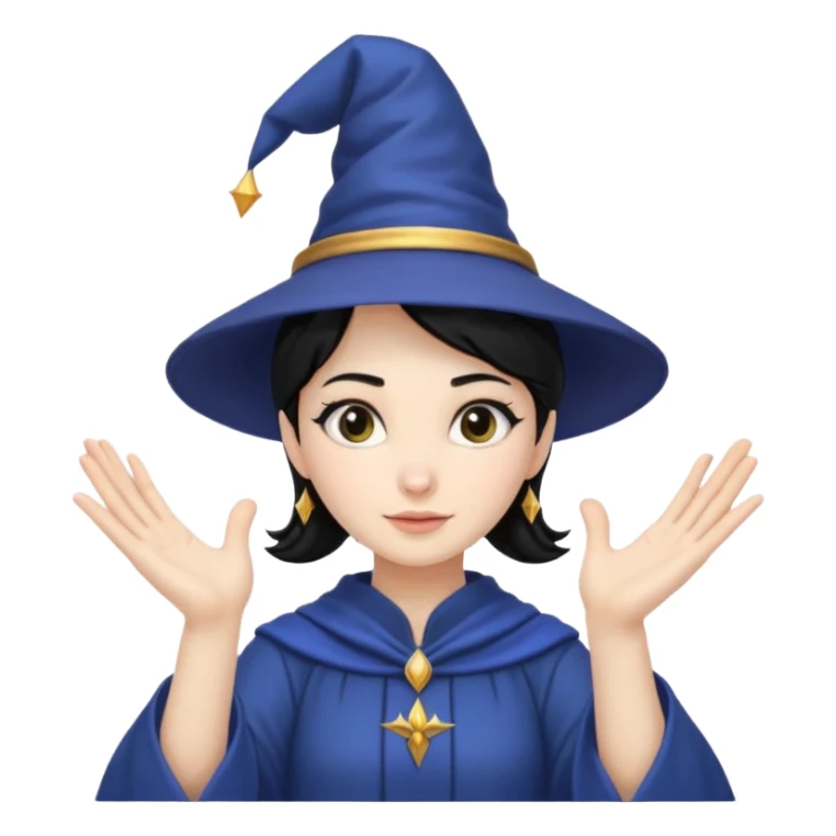 female wizard with black hair in a low bun under a wizards hat with both hands palm up sticker