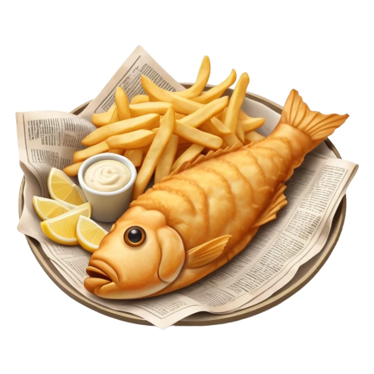 Fish and Chips Cinematic Realistic Fish and Chips Dish Emoji, depicted as a crispy battered fish fillet and golden chips served in traditional newspaper wrapping, rendered with lifelike textures and warm natural lighting that captures its iconic British street food charm  . sticker