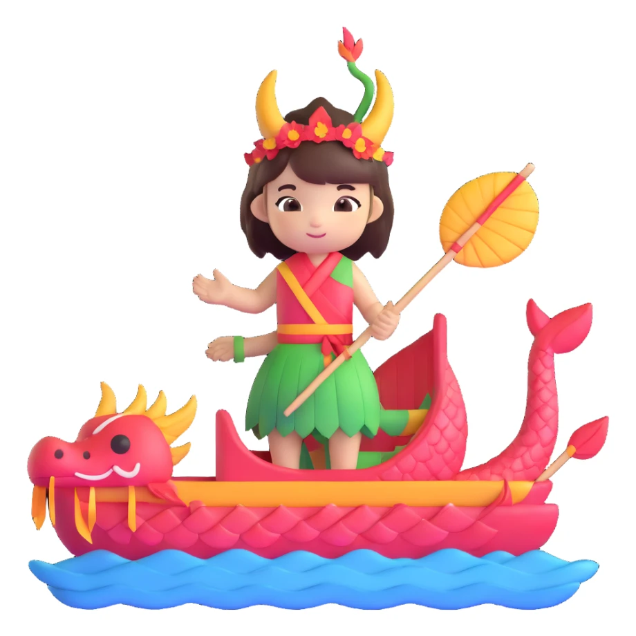 A chibi girl dressed as a dragon boat drummer, holding soft pastel drumsticks, standing in a fluffy dragon boat, colorful festival ribbons flying, sparkles and cute mini fish swimming below, soft pastel colors, watercolor texture, transparent background sticker