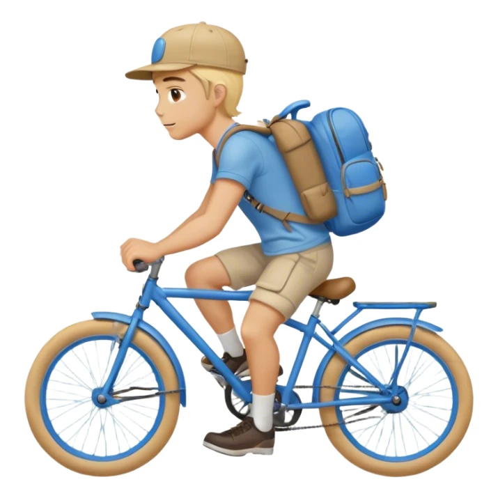 A blond guy in a cap and with a backpack on his back rides a blue bike sticker