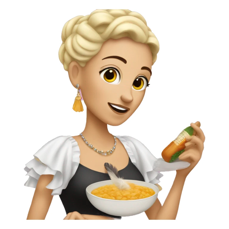 White Woman with a black pixi cut, making a Spanish cocido while wearing a grand night gown with feathers sticker