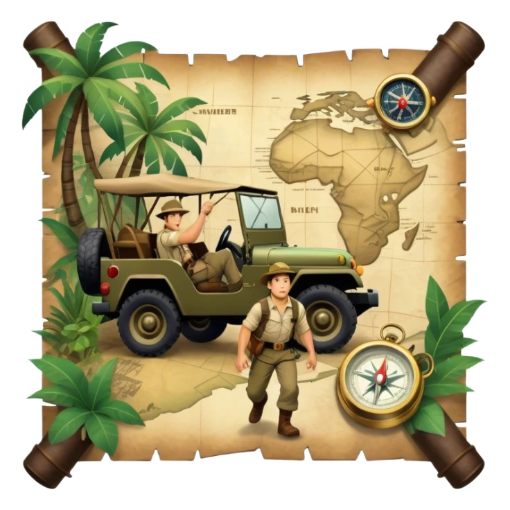 A vintage movie poster-style collage. Include action-packed elements like a treasure map, jungle scenes, a rugged explorer with a compass and a speeding jeep. Add a shadowy figure resembling close-up Mark Wahlberg in adventurous gear. Dramatic lighting, dynamic composition. Transparent background. sticker
