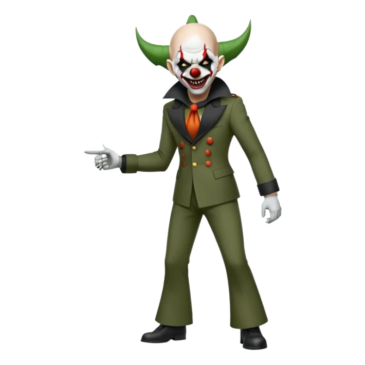 evil clown, bald, short black devil horns on forehead, fangs, pointed ears, black and military green leisure suit with bellbottom pants, realistically proportioned, less bulky, full body, battle-ready, fighting posture sticker