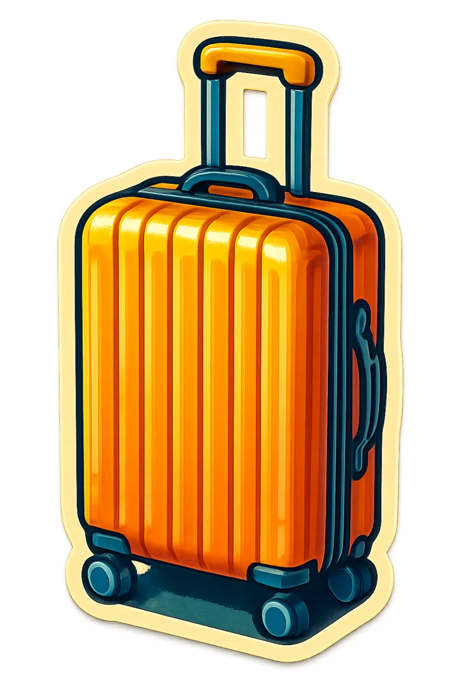 retro sticker-style illustration of a ribbed rolling suitcase with an extended handle, bold outlines, juicy colors, expressive shadows and highlights, playful and glossy look, visible vertical ribs, fun and inviting retro sticker style sticker