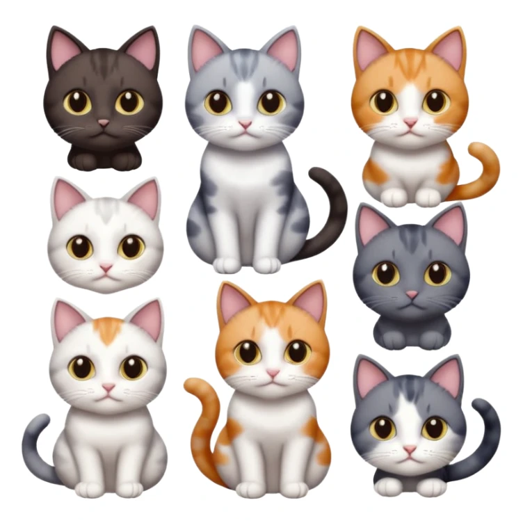 5 different coloured short haired cats including; a dark brown and white cat, and a dark grey and white, and a calico sticker