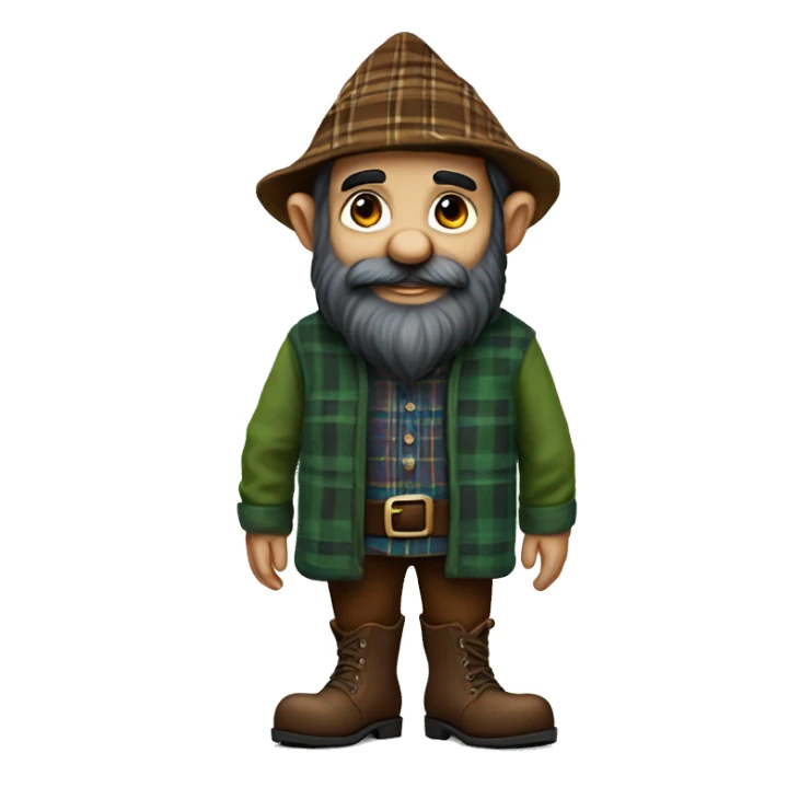 Full-length gnome, almost black beard, brown eyes, young, with a blue woolen hat, brown boots and a green plaid shirt. The body should be cartoonish and not realistic. sticker