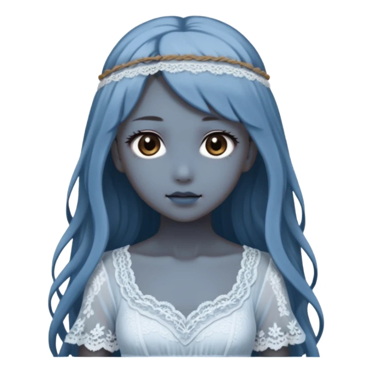 Beautiful shiny pastel transparent translucent Gorgeous spectral dark greyish-blue whitish gloomy spectral Anime Poltergeist Lady with long hair with a beautiful white silky lace dress with a silky lace head band sticker