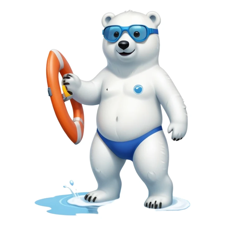 full body friendly anthropomorphised polar bear wearing swim suit with board shorts below the knee and scuba goggles, holding a life buoy, standing in a puddle sticker