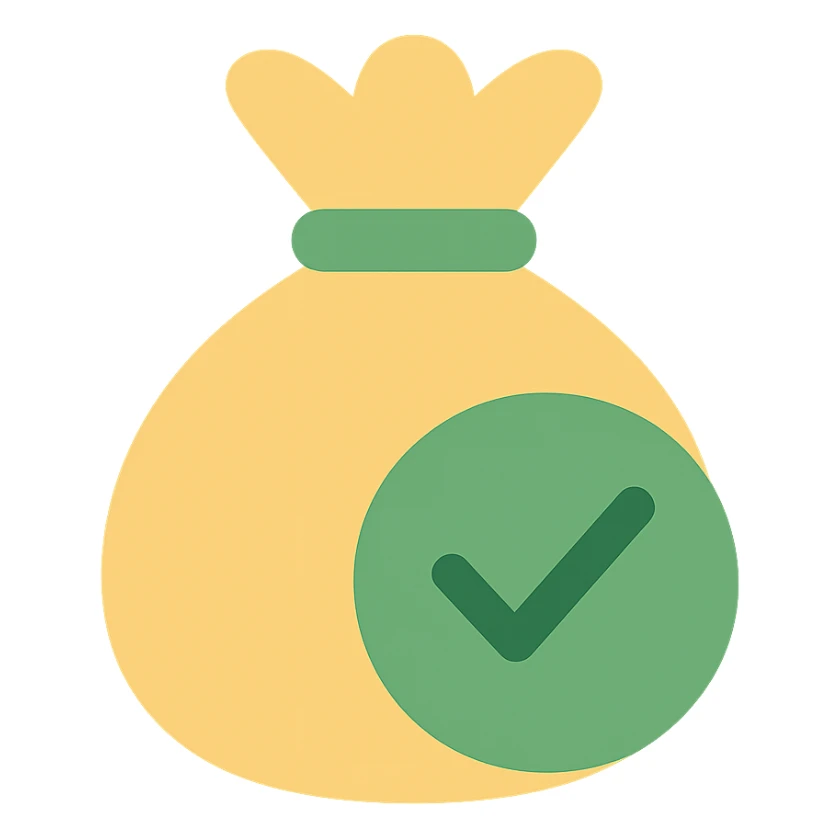money bag with a large green check mark overlay, simple and bold sticker