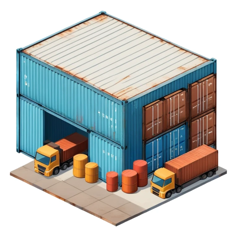 Isometric industrial warehouse with shipping containers outside and loading bay sticker