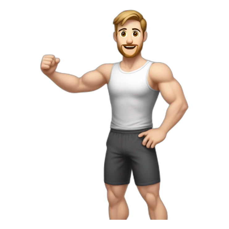 Full height Actively gesturing with hands Pale skinned Fit Man With the biceps and brown hair in dark gray Sleeveless Mike, black oversize sports shorts, watch and white Sneakers sticker